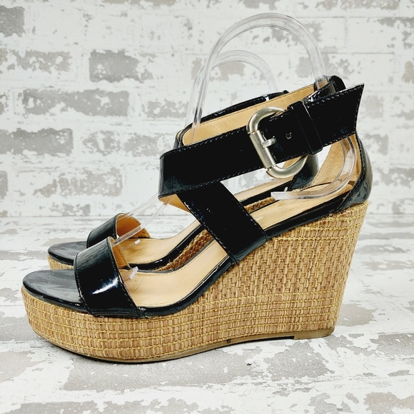 NY&C Black Faux Leather Wedge Heel Platform Sandals M819 - Picture 1 of 13